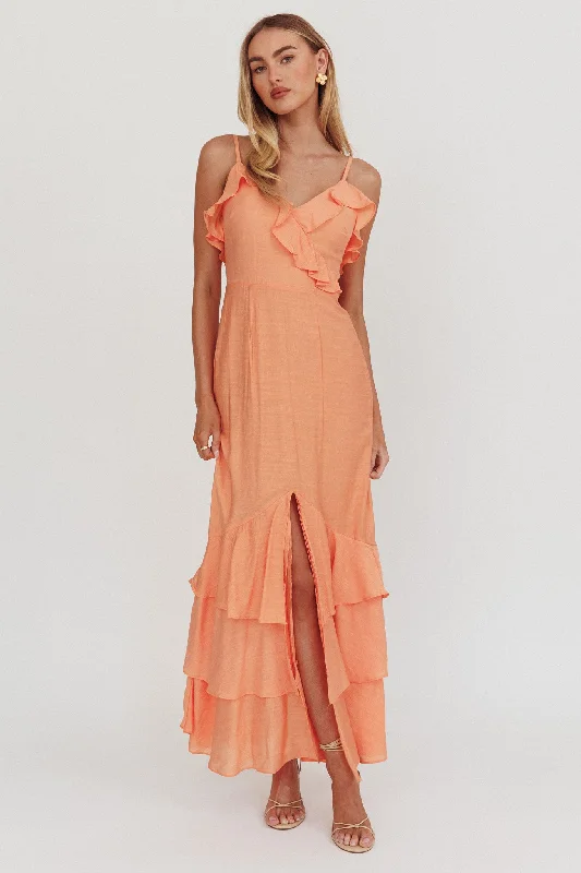 Belted Casual Dresses to Define the Waist Silvana Frill Trim Split Maxi Dress Orange Belted Casual Dresses to Define the Waist Silvana Frill Trim Split Maxi Dress Orange