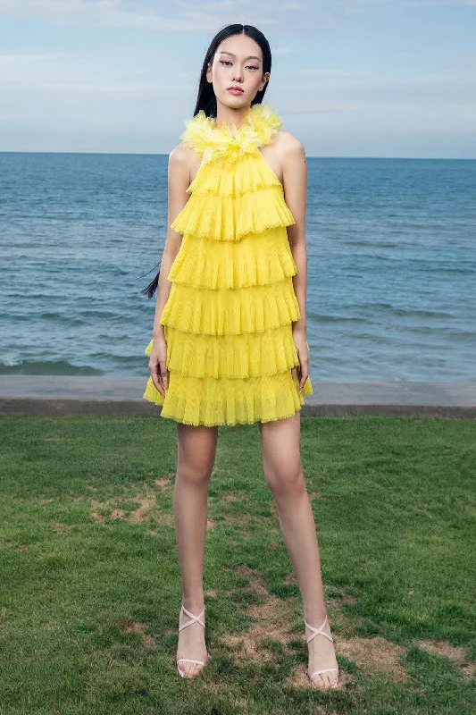 Argyle - Printed Casual Dresses in Pastel Hues Gwendolyn Layered Halter Neck Organza Voile Mini Dress Argyle - Printed Casual Dresses in Pastel Hues Gwendolyn Layered Halter Neck Organza Voile Mini Dress