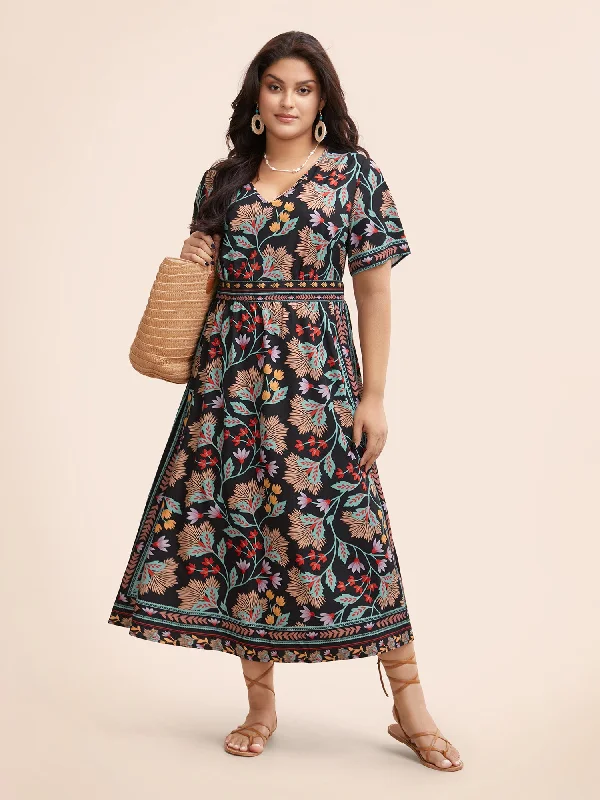 Rayon Casual Dresses for a Soft Feel​ Boho Print Shirred Pocket Midi Dress