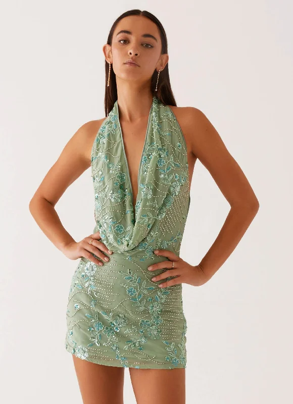 Satin Casual Dresses with a Shiny Finish​ Olisa Cowl Neck Beaded Mini Dress - Mint