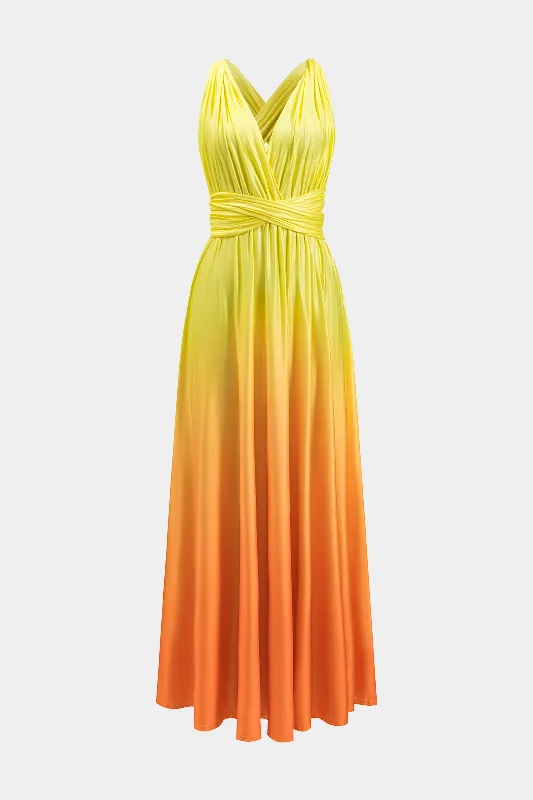 Lace - Trimmed Casual Dresses for a Delicate Touch Ombre Print Ruched Backless Tie Back Crossed Maxi Dress Lace - Trimmed Casual Dresses for a Delicate Touch Ombre Print Ruched Backless Tie Back Crossed Maxi Dress