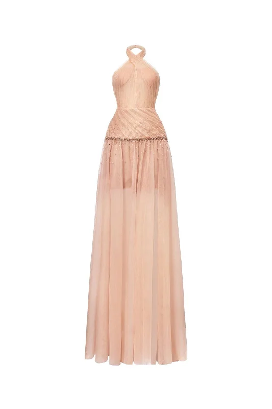 Winter - Warm Casual Dresses with Lined Fabrics Uranette Gathered Criss Cross Neck Mesh Floor Length Dress Winter - Warm Casual Dresses with Lined Fabrics Uranette Gathered Criss Cross Neck Mesh Floor Length Dress