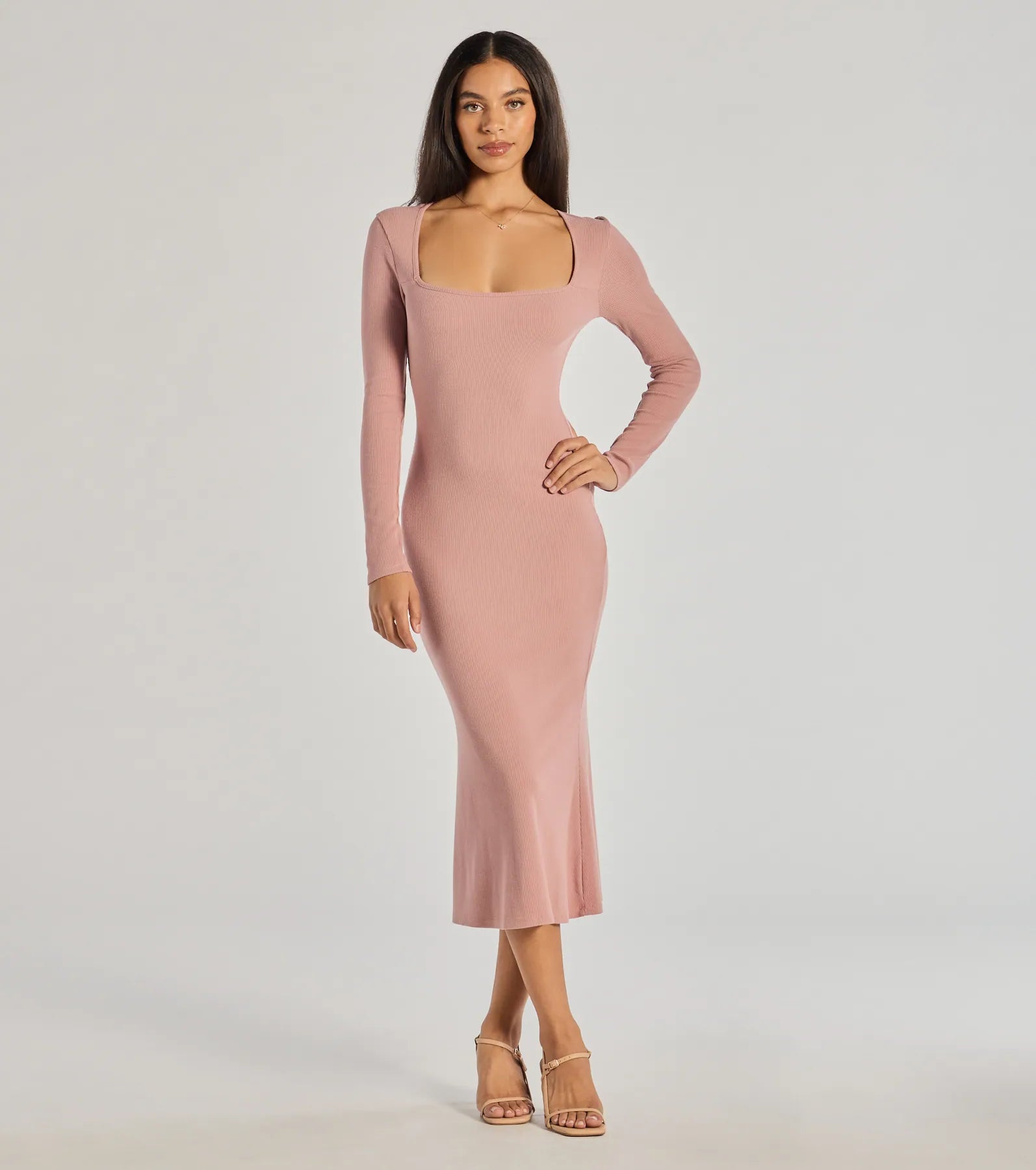 Knit Casual Dresses in Chunky Patterns​ Basic Cutie Long Sleeve Knit Midi Dress