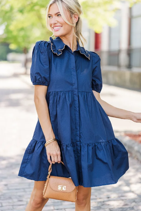 Velvet Casual Dresses for a Luxurious Look Out In The World Navy Blue Ruffled Babydoll Dress Velvet Casual Dresses for a Luxurious Look Out In The World Navy Blue Ruffled Babydoll Dress