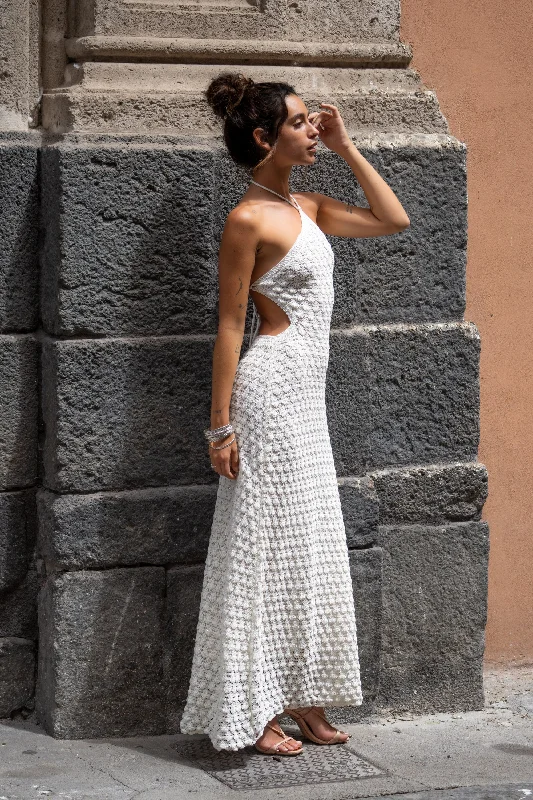 Tie - Dye Casual Dresses for a Retro Style Amara White Halter Glitter Knit Maxi Dress Tie - Dye Casual Dresses for a Retro Style Amara White Halter Glitter Knit Maxi Dress