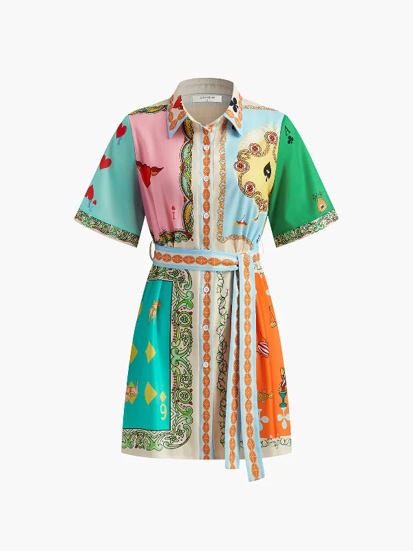 Mini Casual Dresses with Ruffled Hem​ Print Belted Polo Dress