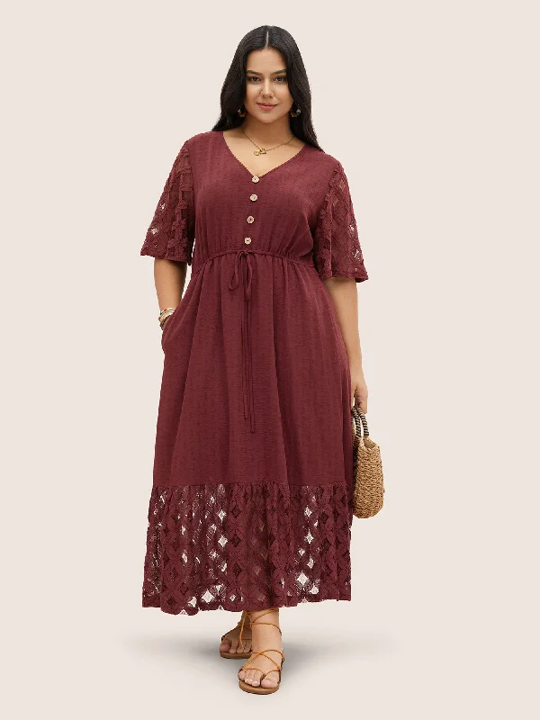 Winter - Warm Casual Dresses with Lined Fabrics Crochet Lace Mesh Button Detail Drawstring Dress Winter - Warm Casual Dresses with Lined Fabrics Crochet Lace Mesh Button Detail Drawstring Dress