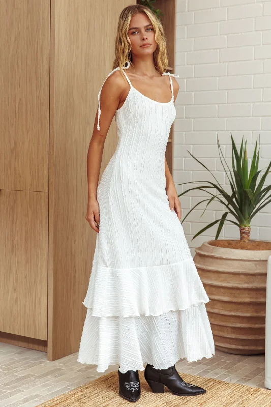 Striped Casual Dresses in Cotton Blend Manhattan Summer Tied Shoulder Ruffle Maxi Dress White Striped Casual Dresses in Cotton Blend Manhattan Summer Tied Shoulder Ruffle Maxi Dress White