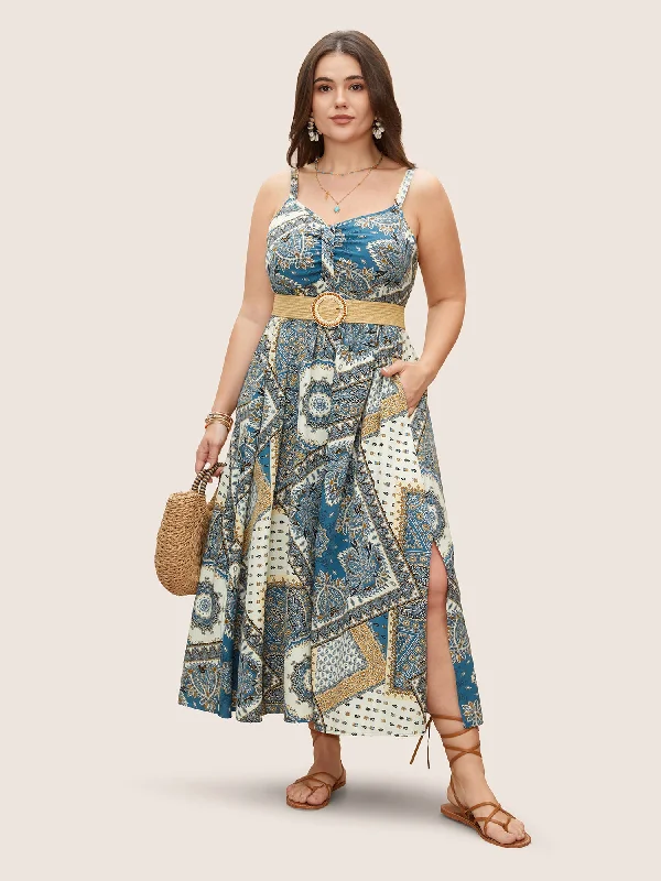 Solid Color Casual Dresses in Earth Tones Bandana Print Ruched Split Hem Cami Dress Solid Color Casual Dresses in Earth Tones Bandana Print Ruched Split Hem Cami Dress