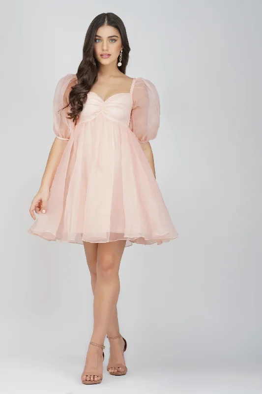 Linen Casual Dresses for Breathability​ Melanie Pink Puff Sleeve Dress