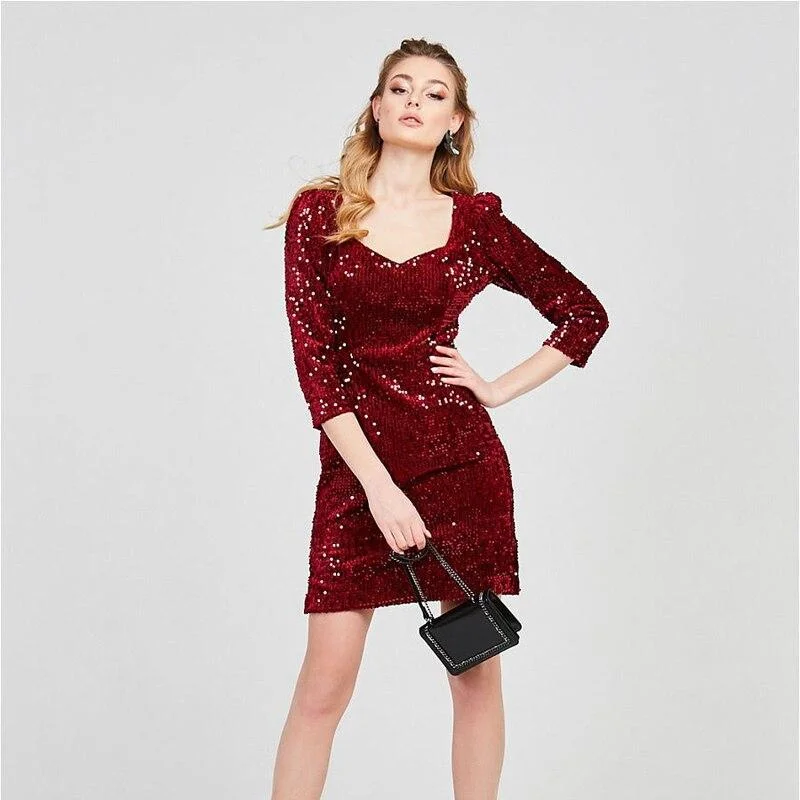 Mini dresses with off - the - shoulder styles FashionSierra - Sexy Square Collar Three Quarter Sleeve Sequin Mini Dress Mini dresses with off - the - shoulder styles FashionSierra - Sexy Square Collar Three Quarter Sleeve Sequin Mini Dress