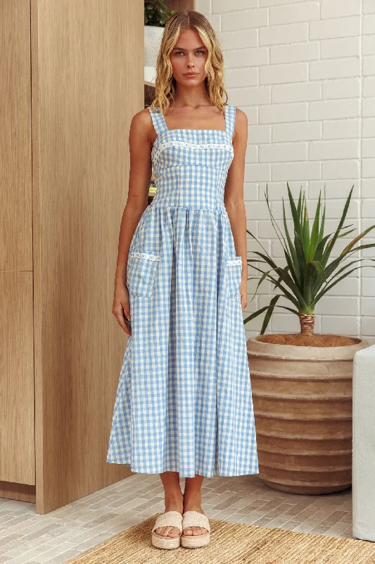 Boho Style Casual Dresses with Fringe Details Elderflower Front Pocket Maxi Dress Gingham Baby Blue Boho Style Casual Dresses with Fringe Details Elderflower Front Pocket Maxi Dress Gingham Baby Blue