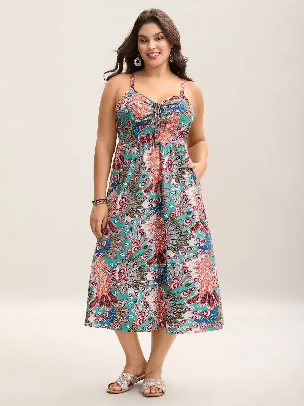 Maternity Casual Dresses for Pregnant Women​ Boho Floral Print Pockets Midi Dress