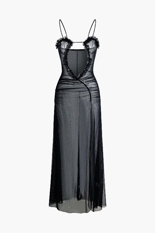 Cotton - Linen Blend Casual Dresses Printed Ruffle Cut Out Mesh Slit Slip Maxi Dress Cotton - Linen Blend Casual Dresses Printed Ruffle Cut Out Mesh Slit Slip Maxi Dress