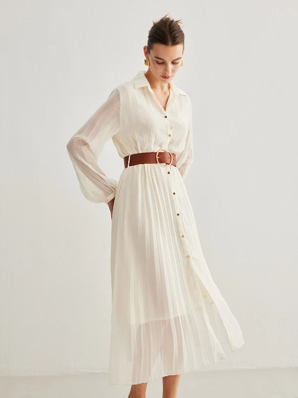 Spring - Season Casual Dresses in Fresh Colors Semi-Sheer Chiffon Button Pleated Dress With Belt Spring - Season Casual Dresses in Fresh Colors Semi-Sheer Chiffon Button Pleated Dress With Belt