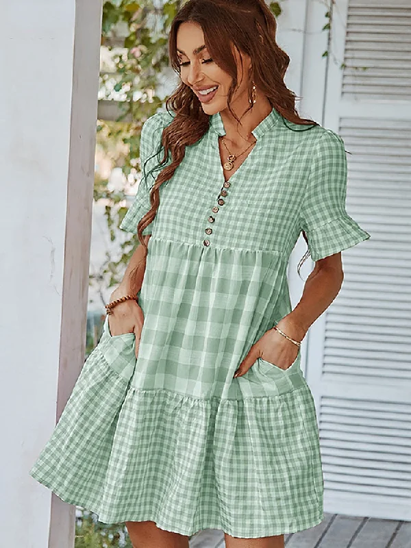 Mini dresses with ribbed textures for a unique appearance FashionSierra - Plaid Short Sleeve Loose Ruffle Stitching Beach Dress Mini dresses with ribbed textures for a unique appearance FashionSierra - Plaid Short Sleeve Loose Ruffle Stitching Beach Dress