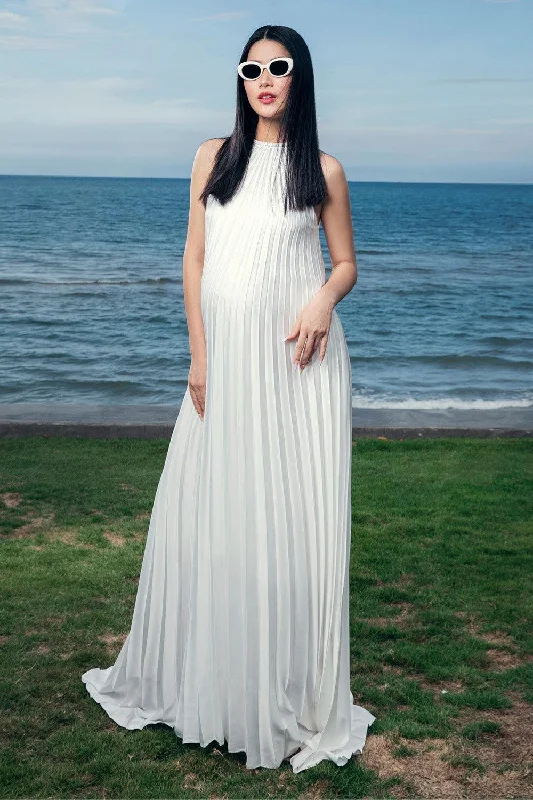 Embroidered Casual Dresses with Intricate Designs Clara Pleated Halter Neck Silk Satin Floor Length Dress Embroidered Casual Dresses with Intricate Designs Clara Pleated Halter Neck Silk Satin Floor Length Dress