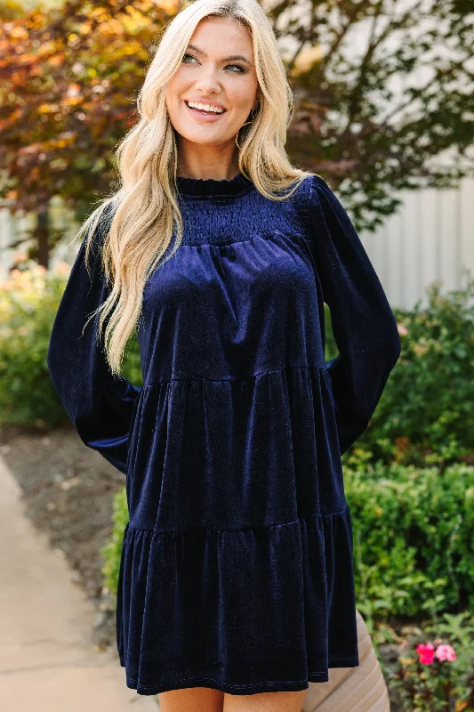 Long - Sleeve Casual Dresses in Lightweight Fabrics Come On Over Navy Blue Velvet Babydoll Dress Long - Sleeve Casual Dresses in Lightweight Fabrics Come On Over Navy Blue Velvet Babydoll Dress