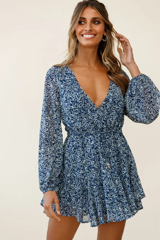 Mini dresses with ruched bodices for a feminine touch Marlene Long Sleeve Drawstring Waist Dress Floral Print Navy Mini dresses with ruched bodices for a feminine touch Marlene Long Sleeve Drawstring Waist Dress Floral Print Navy