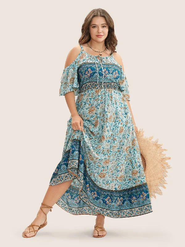 Beaded Casual Dresses for a Decorative Touch Floral Print Pocket Keyhole Ruffles Cold Shoulder Maxi Dress Beaded Casual Dresses for a Decorative Touch Floral Print Pocket Keyhole Ruffles Cold Shoulder Maxi Dress