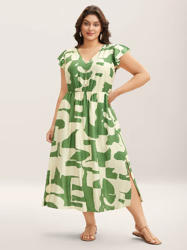 Long - Sleeve Casual Dresses in Lightweight Fabrics Geometric Print Cinched-Waist Button Midi Dress Long - Sleeve Casual Dresses in Lightweight Fabrics Geometric Print Cinched-Waist Button Midi Dress