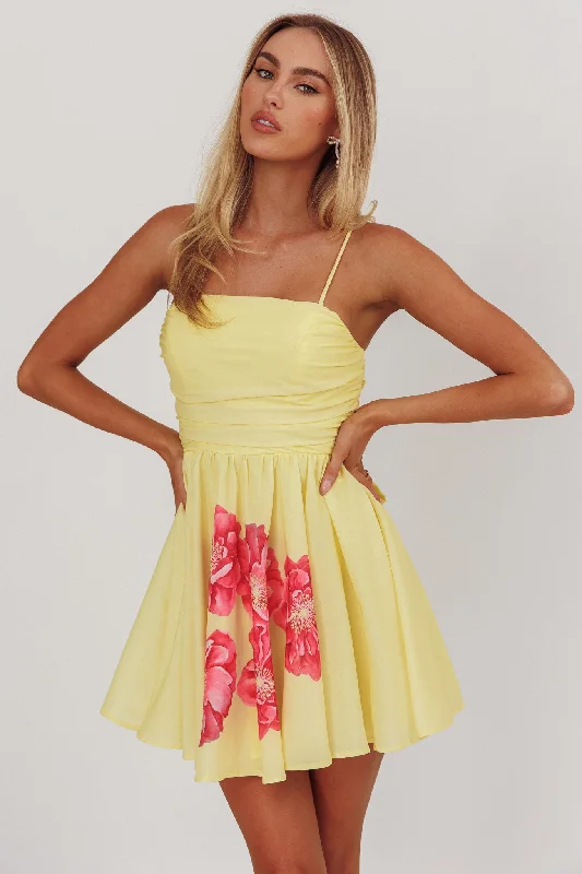 Spring - Season Casual Dresses in Fresh Colors Festivity Flared Bow Floral Mini Dress Yellow Spring - Season Casual Dresses in Fresh Colors Festivity Flared Bow Floral Mini Dress Yellow