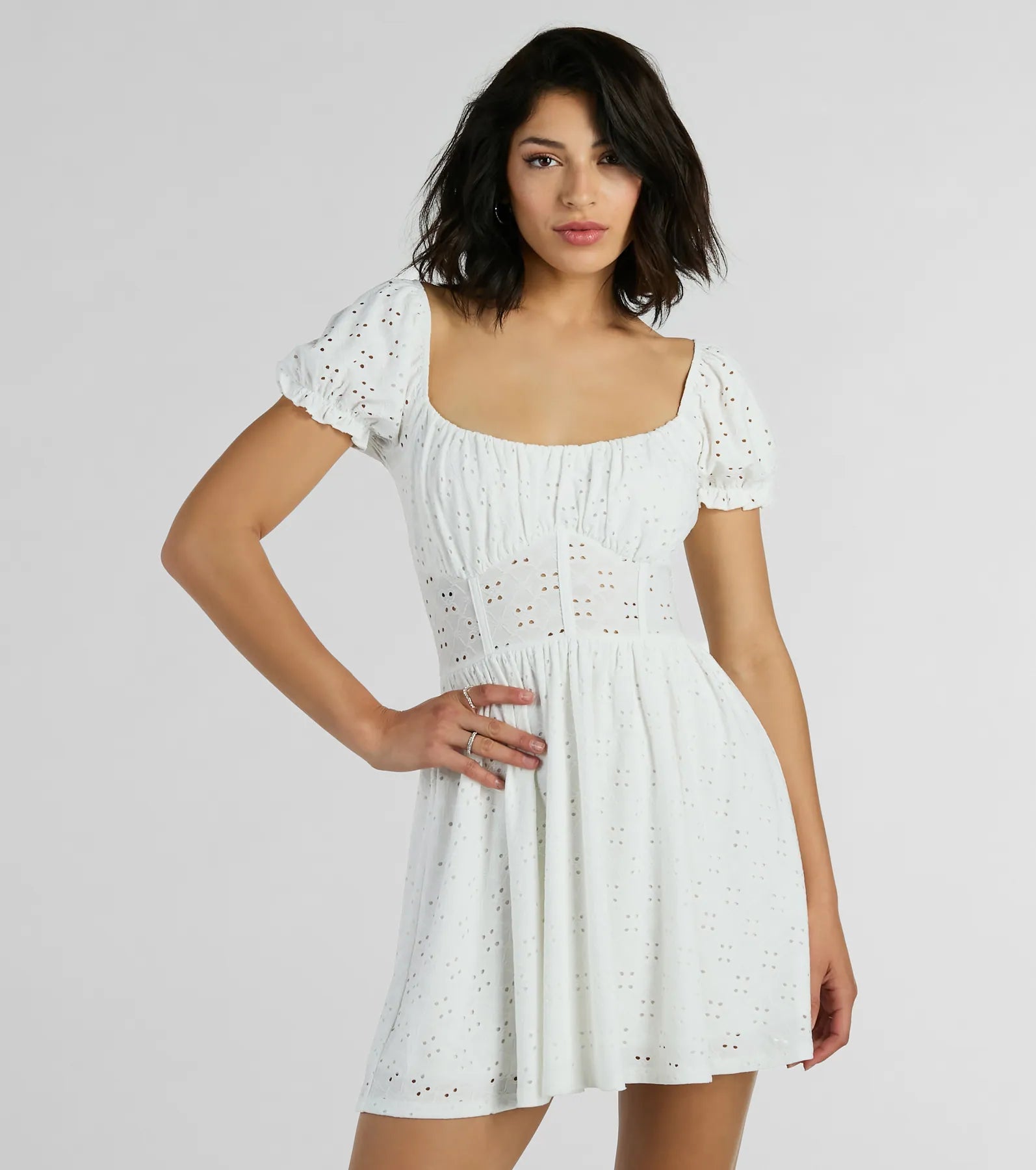 Button - Down Casual Dresses for a Classic Vibe Charming Appeal Puff Sleeve Eyelet Knit Skater Dress Button - Down Casual Dresses for a Classic Vibe Charming Appeal Puff Sleeve Eyelet Knit Skater Dress
