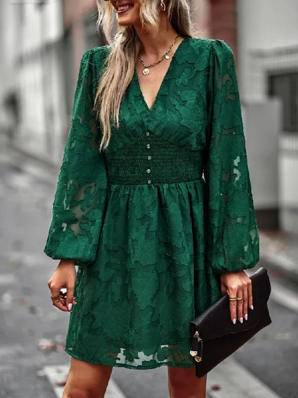 Mini dresses with geometric prints for a modern aesthetic FashionSierra - Chic Hook Flower Hollow Button Full Sleeve Mini Dress Mini dresses with geometric prints for a modern aesthetic FashionSierra - Chic Hook Flower Hollow Button Full Sleeve Mini Dress