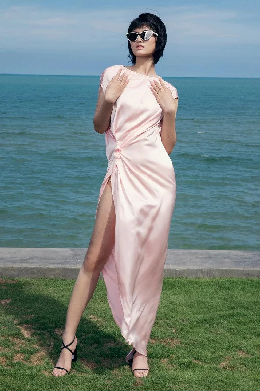 Maxi Casual Dresses for a Relaxed Look Cecily Slit Boat Neck Silk Satin High-low Dress Maxi Casual Dresses for a Relaxed Look Cecily Slit Boat Neck Silk Satin High-low Dress