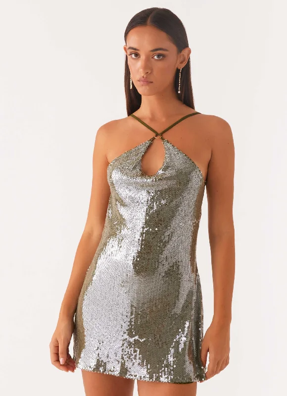 Argyle - Printed Casual Dresses in Pastel Hues Radiant Energy Cowl Back Mini Dress - Olive Argyle - Printed Casual Dresses in Pastel Hues Radiant Energy Cowl Back Mini Dress - Olive