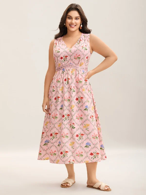 Cotton - Linen Blend Casual Dresses​ Floral Abstract Print V-Neck Maxi Dress