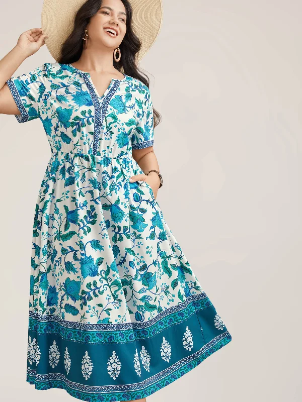 Denim - Patchwork Casual Dresses for a Unique Design Boho Print Notched Collar Midi Dress Denim - Patchwork Casual Dresses for a Unique Design Boho Print Notched Collar Midi Dress