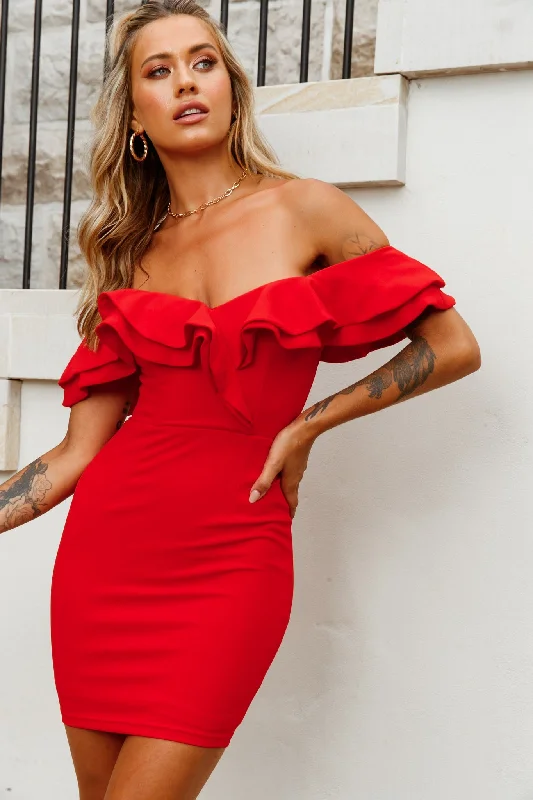 Metallic mini dresses for a glamorous event Rossi Off-Shoulder Double Ruffle Dress Red Metallic mini dresses for a glamorous event Rossi Off-Shoulder Double Ruffle Dress Red