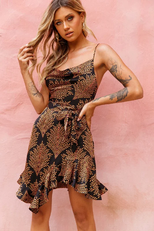 Mini dresses with side slits for a sexy appeal On The Prowl Cowl Neck Asymmetrical Hem Dress Leaf Print Mustard