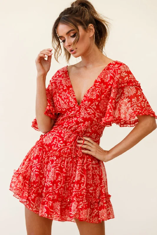 Animal print mini dresses for a bold statement Psalm Angel Sleeve Frill Dress Floral Stencil Print Red Animal print mini dresses for a bold statement Psalm Angel Sleeve Frill Dress Floral Stencil Print Red