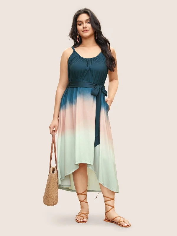 Anti - Wrinkle Casual Dresses for Easy Maintenance Tie Dye Belted Gathered Asymmetrical Hem Dress Anti - Wrinkle Casual Dresses for Easy Maintenance Tie Dye Belted Gathered Asymmetrical Hem Dress