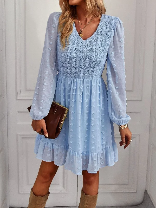 Mini dresses with ruched bodices for a feminine touch FashionSierra - Hollow Solid Ruffles A-line V-neck Elastic Waist Mini Dress Mini dresses with ruched bodices for a feminine touch FashionSierra - Hollow Solid Ruffles A-line V-neck Elastic Waist Mini Dress
