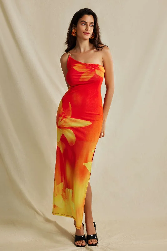 Spring - Season Casual Dresses in Fresh Colors Lily Print Asymmetric One Shoulder Maxi Dress Spring - Season Casual Dresses in Fresh Colors Lily Print Asymmetric One Shoulder Maxi Dress
