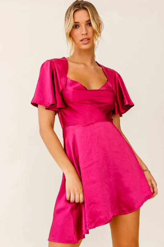 Polyester mini dresses for easy care Sydney Angel Sleeve Cowl Neck Satin Dress Plum