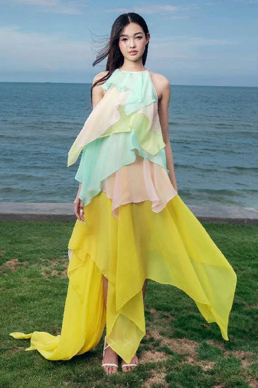 Button - Front Casual Dresses with Decorative Buttons Winifred Flared Asymmetric Organza Voile Floor Length Dress Button - Front Casual Dresses with Decorative Buttons Winifred Flared Asymmetric Organza Voile Floor Length Dress