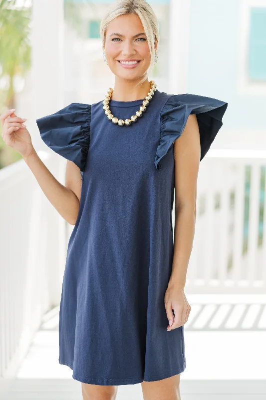 Hat - Friendly Casual Dresses for Outdoor Outfits Get Ready Navy Blue Ruffled Mini Dress Hat - Friendly Casual Dresses for Outdoor Outfits Get Ready Navy Blue Ruffled Mini Dress