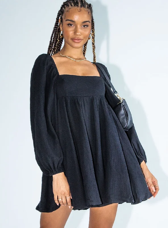 Mini Casual Dresses with Ruffled Hem​ Lorna Long Sleeve Mini Dress Black
