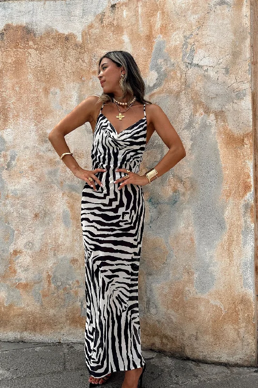 Glittery Casual Dresses for a Sparkly Effect Gianna Zebra Cowl Neck Chiffon Maxi Dress Glittery Casual Dresses for a Sparkly Effect Gianna Zebra Cowl Neck Chiffon Maxi Dress