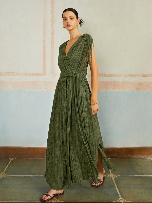 Spring - Season Casual Dresses in Fresh Colors​ Casual Pleated Belted Long Dress