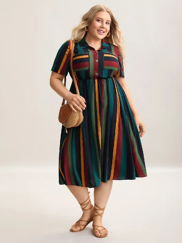 Travel - Friendly Casual Dresses for Comfort on the Go Multi-Color Striped Print Pockets Shirt Dress Travel - Friendly Casual Dresses for Comfort on the Go Multi-Color Striped Print Pockets Shirt Dress