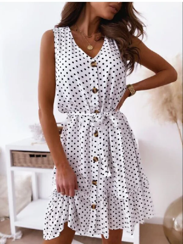 Mini dresses with pom - pom trims for a playful feel FashionSierra - Casual Polka Dot V-neck Sleeveless Lace Up Party Dress Mini dresses with pom - pom trims for a playful feel FashionSierra - Casual Polka Dot V-neck Sleeveless Lace Up Party Dress
