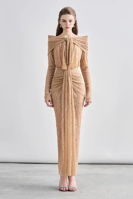 Knit Casual Dresses in Chunky Patterns​ Kora Sarong Boat Neck Mesh Sheer Maxi Dress