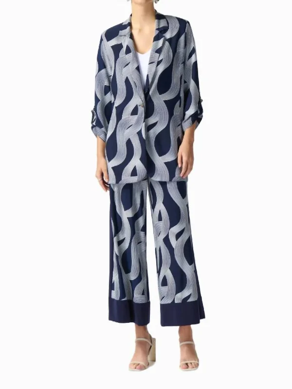 Women's Peplum Blazers in Emerald Green for a Stylish Work Attire Abstract Print Boxy Blazer In Midnight Blue/vanilla Women's Peplum Blazers in Emerald Green for a Stylish Work Attire Abstract Print Boxy Blazer In Midnight Blue/vanilla