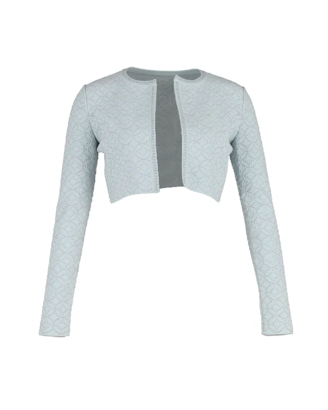Women's knee - length wool blend coats with a fur collar for added warmth Alaia Cropped Open-Front Jacket in Blue Polyester Women's knee - length wool blend coats with a fur collar for added warmth Alaia Cropped Open-Front Jacket in Blue Polyester