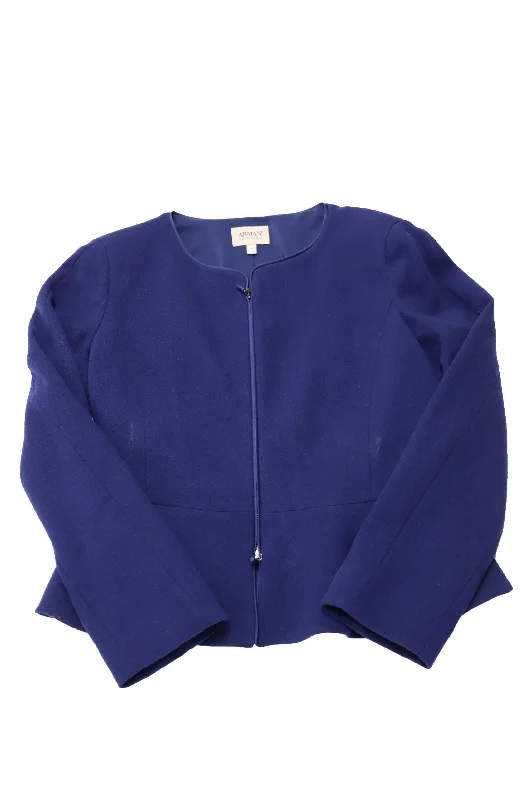 Plus size women's wool blend coats for a warm and stylish winter Armani Collezioni Crepe Zip-Front Peplum Jacket in Blue Wool Plus size women's wool blend coats for a warm and stylish winter Armani Collezioni Crepe Zip-Front Peplum Jacket in Blue Wool